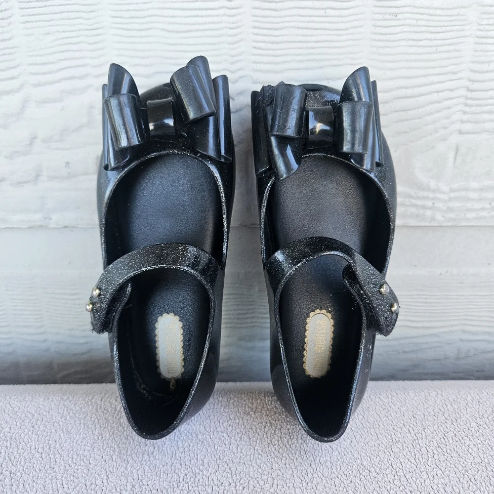 Mini Melissa Ultragirl Black Sparkle Bow Mary Jane Jelly Flats SZ 8 Hook & Loop